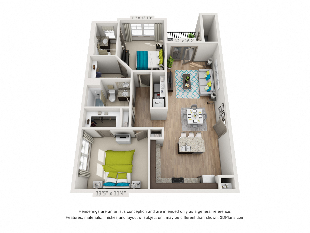 Floor plan for 2 beds, 2 baths, 1078 sqft